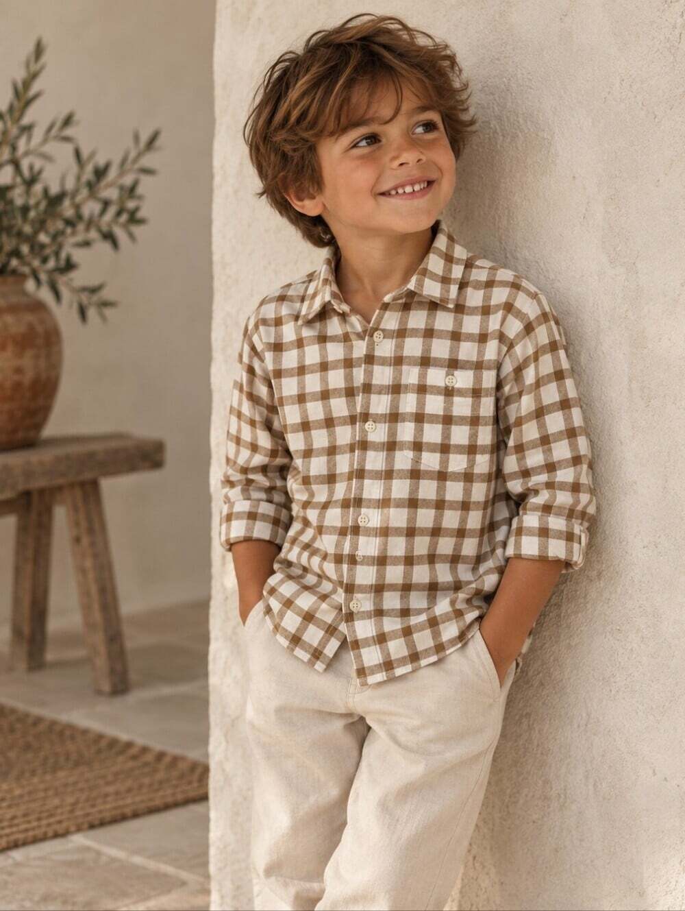 Zara Kids Brown Cream Plaid Flannel Shirt 5-6Y 100% Cotton NWT